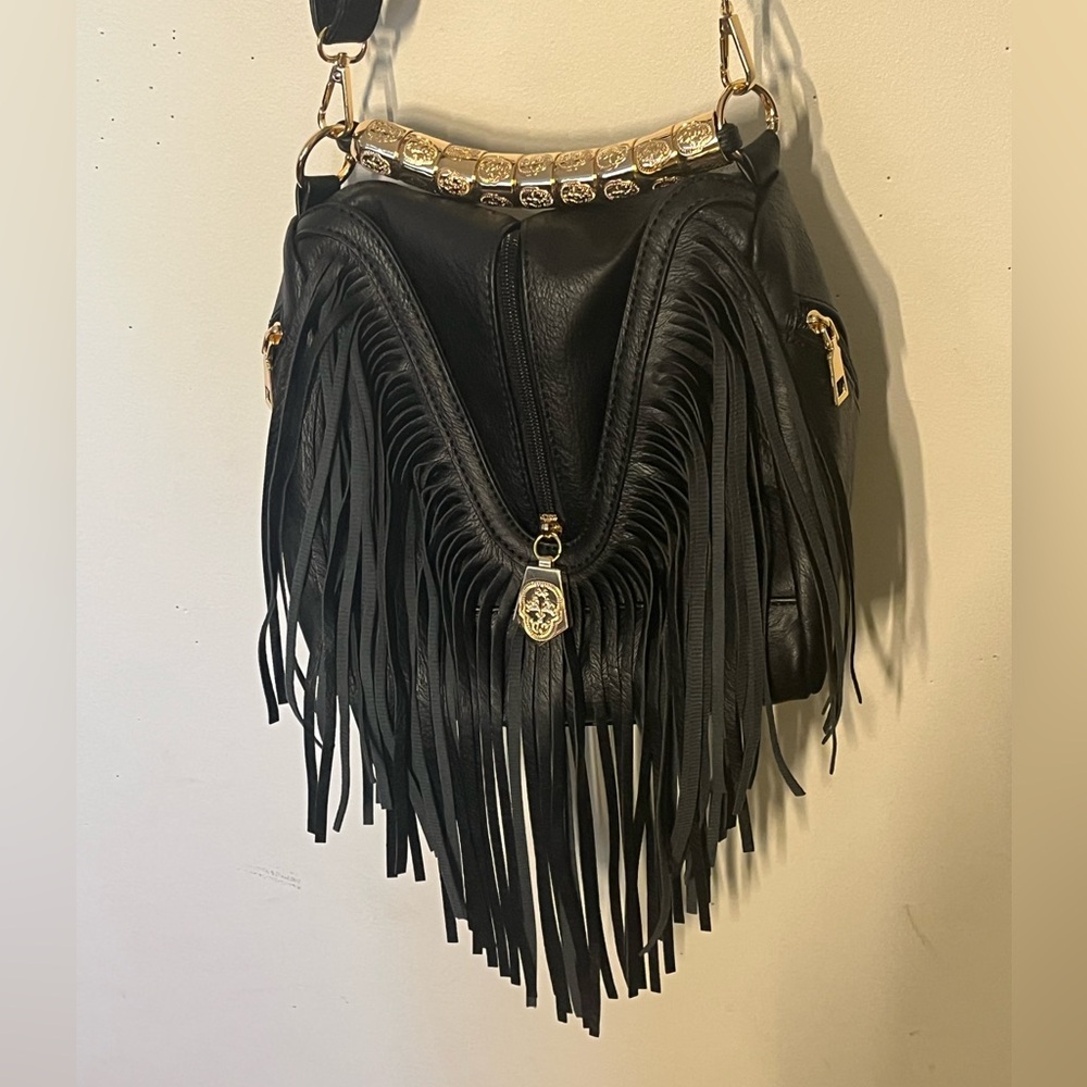 Black Fringe Crossbody Bag with Gold Accents